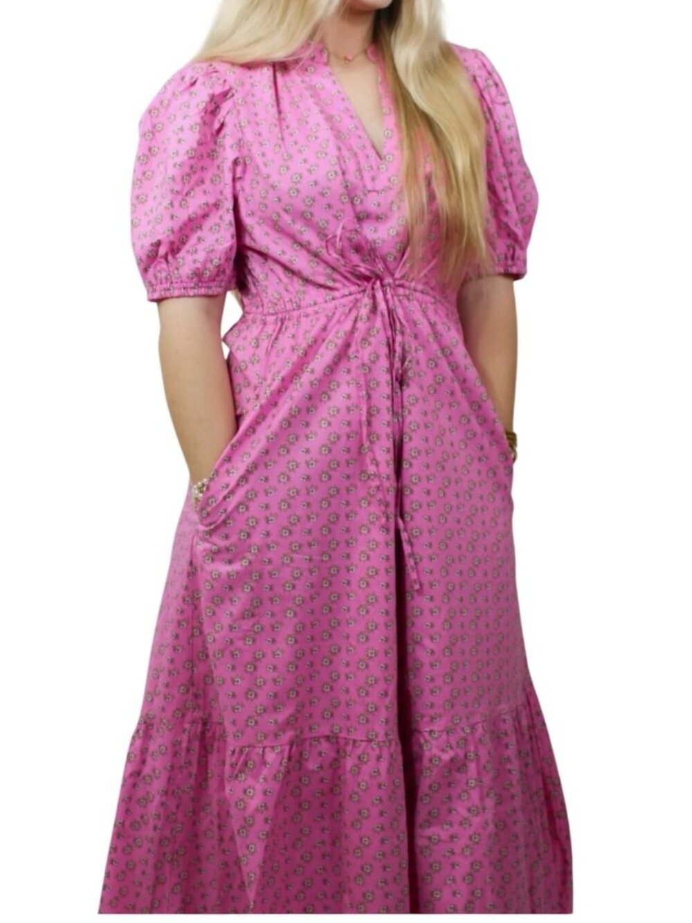 Aureum Pink Floral Cotton Maxi Dress Puff Sleeve Tiered cottagecore Women Medium